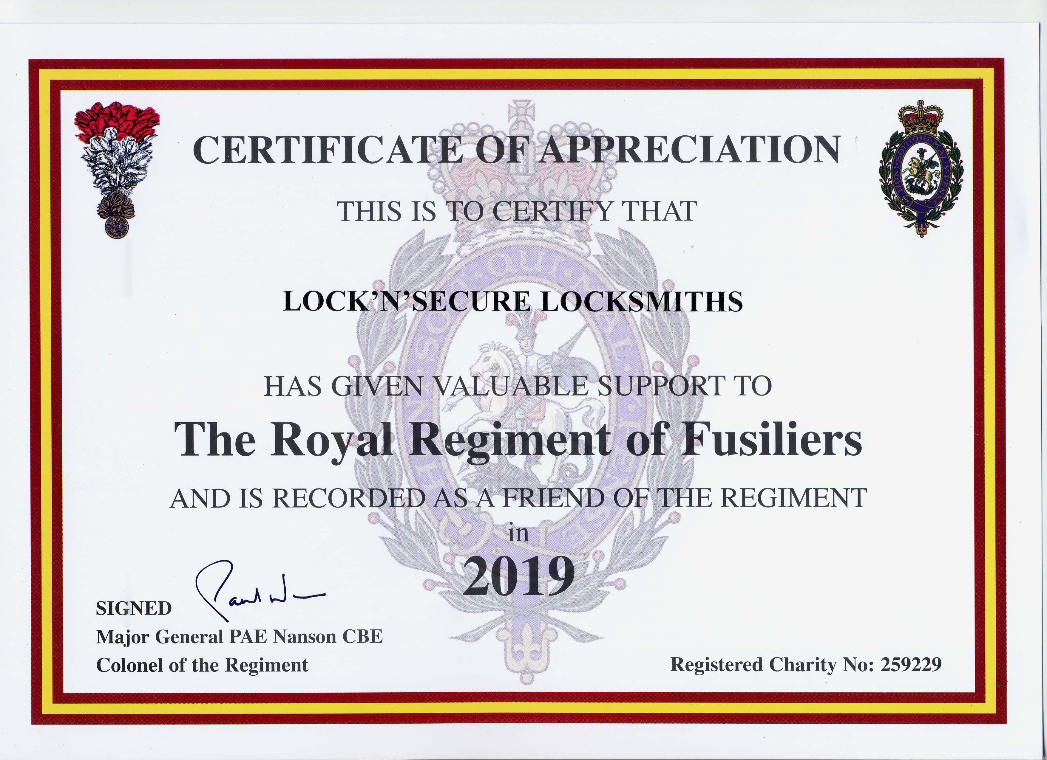 Lock'n'Secure friend of Royal Regiment of Fusiliers 2019