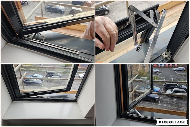 Before and after images of broken friction stays on a 3rd floor window