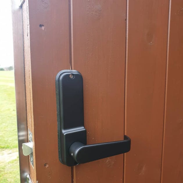 Marine grade Codelock fitted to this outbuilding with anti-thrust plate for added security - internal