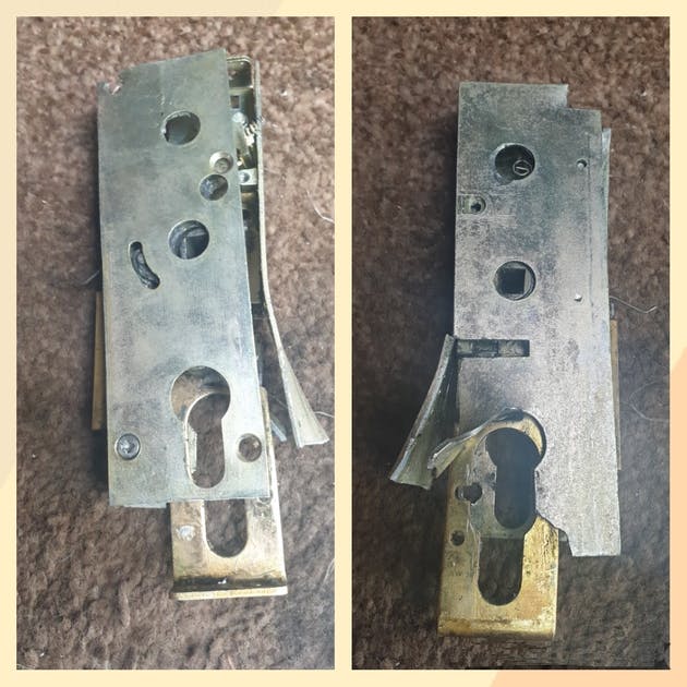 Some of the damage caused by a "handyman" getting the door open; always use a professional locksmith if you want to save money.
